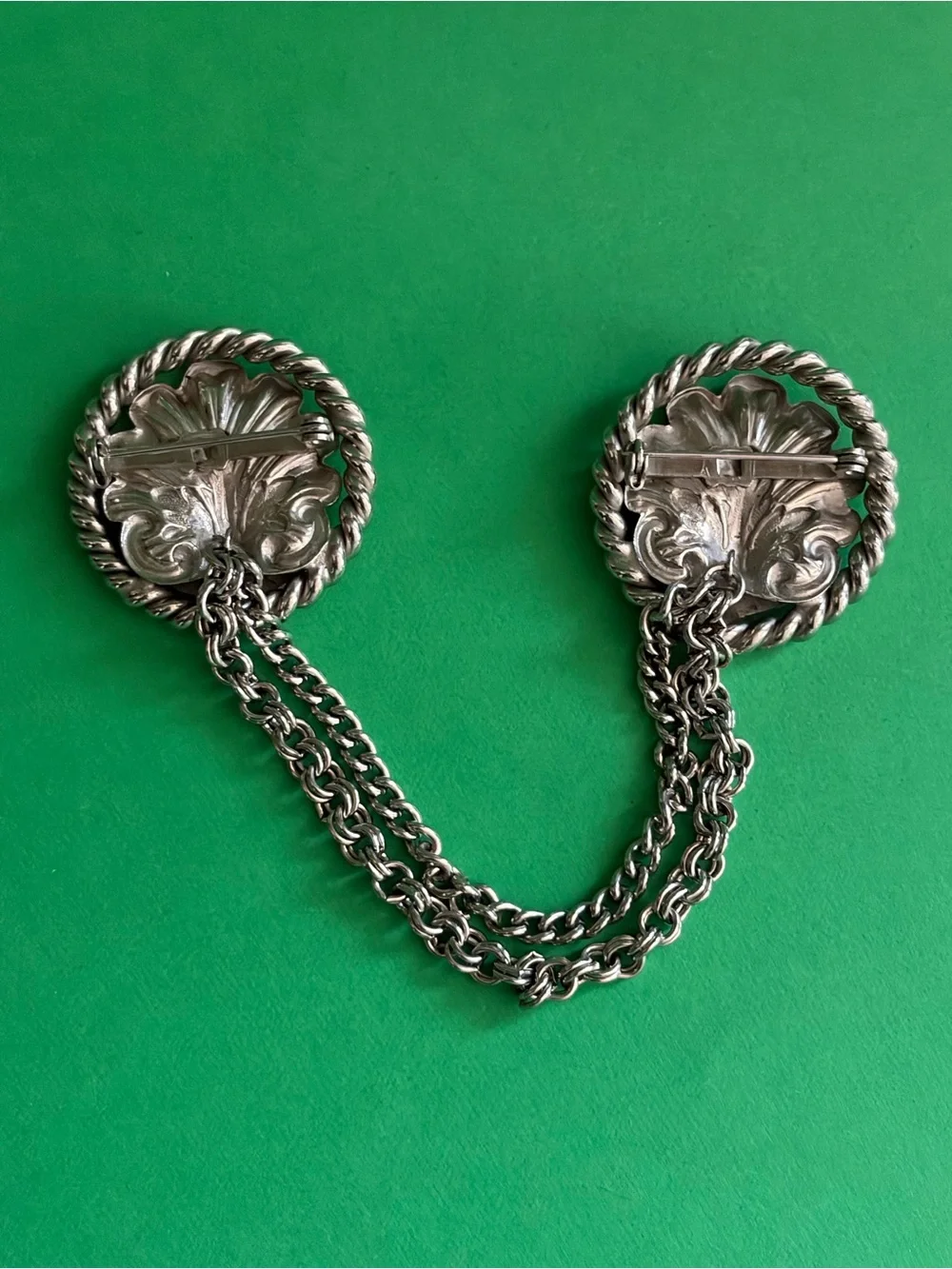 Vintage Heraldic Chatelaine double pin Brooch Silver-tone Green and Blue Enamel